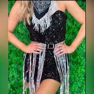 Karma Is My Boyfriend Black Sequin Fringe Mini dress & Bandana Set